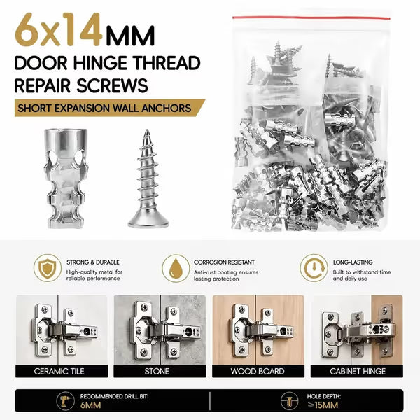 🔩 6×14mm Short Expansion Screw Set for Cabinet Hinge Repair & Stripped Thread Restoration