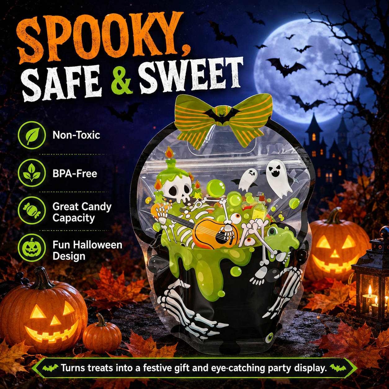 🎃 Halloween Self-Sealing Treat Bags – Pumpkin & Green Pot Candy Gift Pouches 🍬